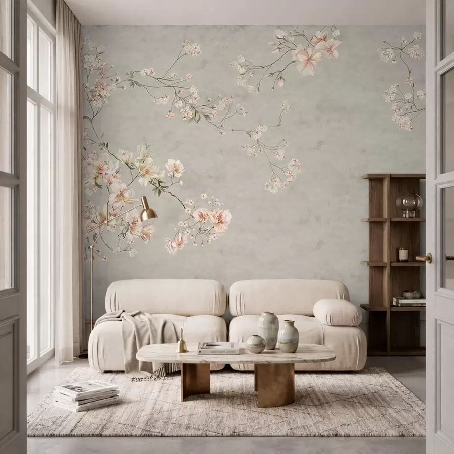 Fototapet Květinové větve ve stylu chinoiserie na šedém pozadí w05427v1