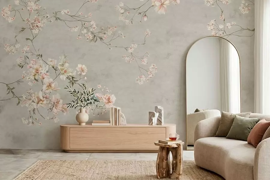 Fototapet Květinové větve ve stylu chinoiserie na šedém pozadí w05427v1