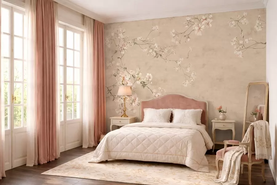 Fototapet Květinové větve ve stylu chinoiserie na teplém béžovém pozadí w05427v2