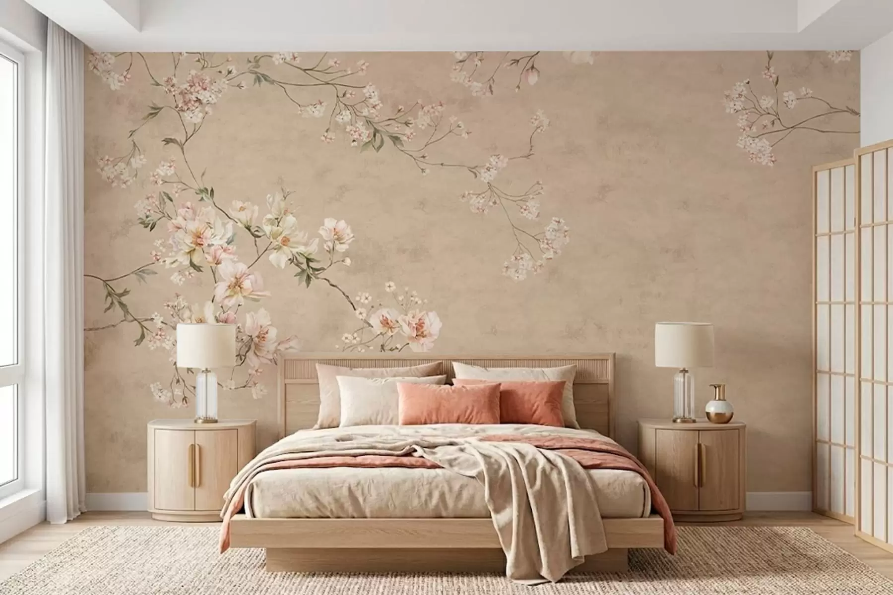 Fototapet Květinové větve ve stylu chinoiserie na teplém béžovém pozadí w05427v2