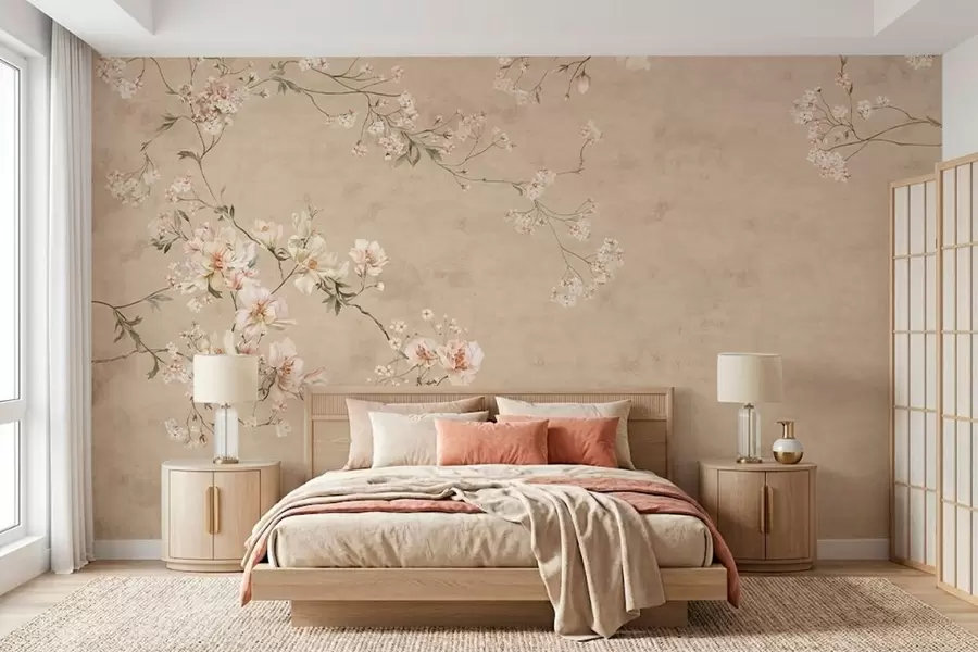 Fototapet Květinové větve ve stylu chinoiserie na teplém béžovém pozadí w05427v2