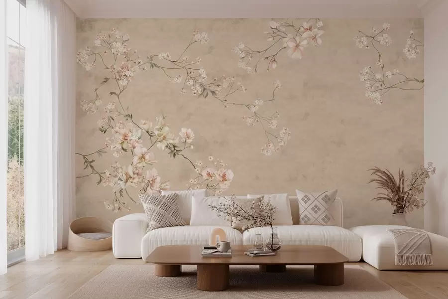 Fototapet Květinové větve ve stylu chinoiserie na teplém béžovém pozadí w05427v2