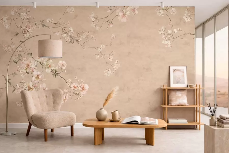 Fototapet Květinové větve ve stylu chinoiserie na teplém béžovém pozadí w05427v2