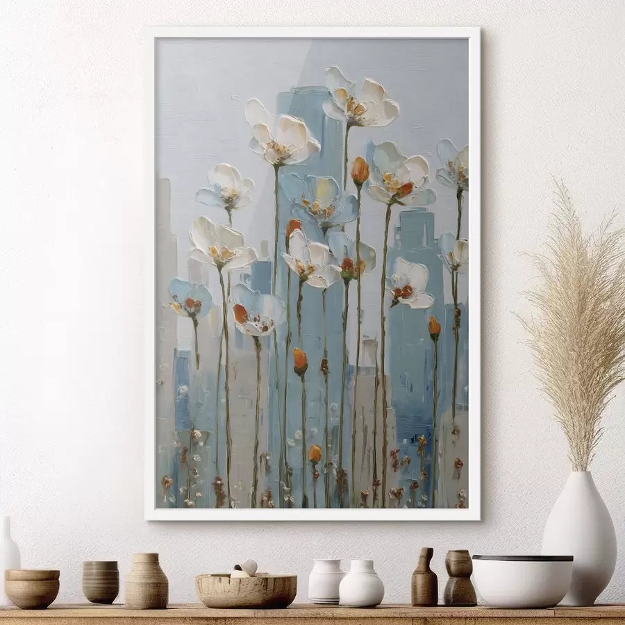 Fototapet květiny na pozadí města, ve stylu olejomalby f48785