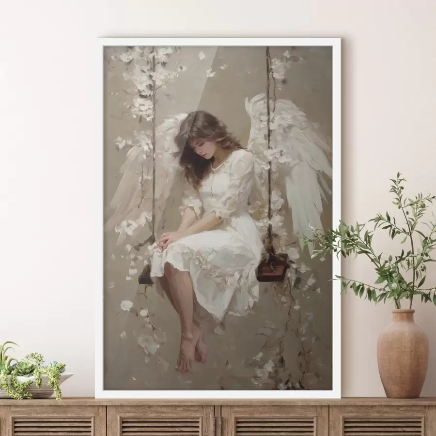 Fototapet andělská dívka na houpačce, namalovaná v olejovém stylu f48789