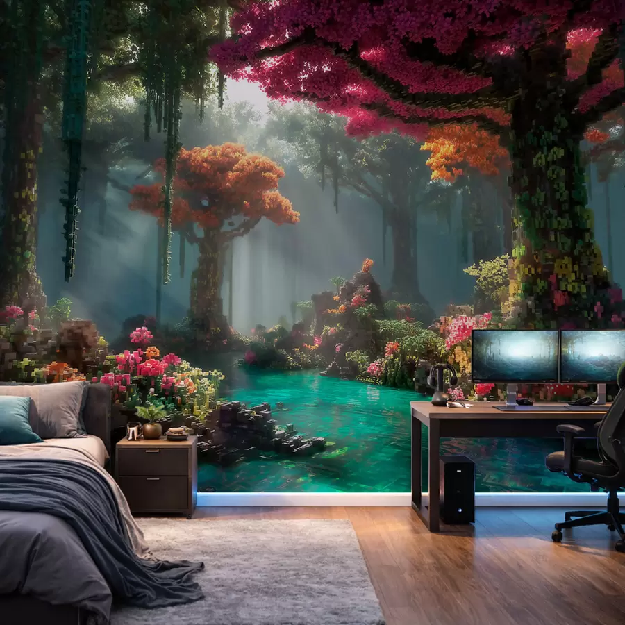 Fototapet Pixelová kouzelná lesní mýtina inspirovaná videohrami w09683