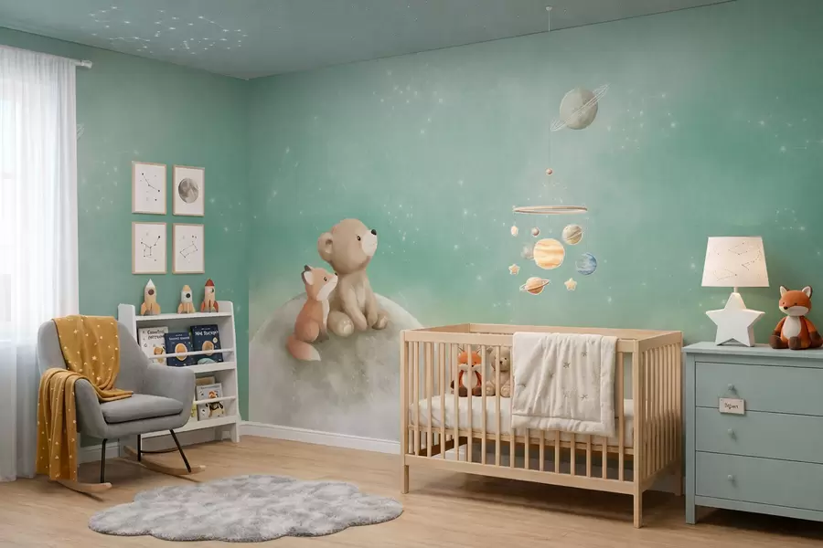 Fototapet Pastelová ilustrace medvěda a lišky na zelené obloze w05431v1