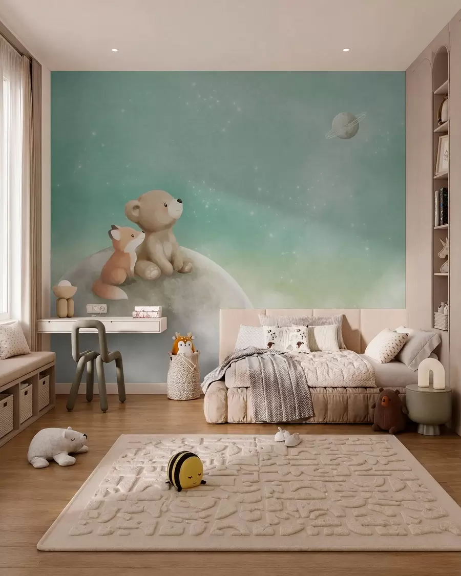 Fototapet Pastelová ilustrace medvěda a lišky na zelené obloze w05431v1