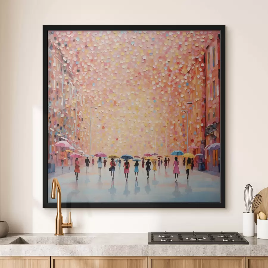 Fototapet Impresionistická městská scéna s deštníky a odrazy f48803