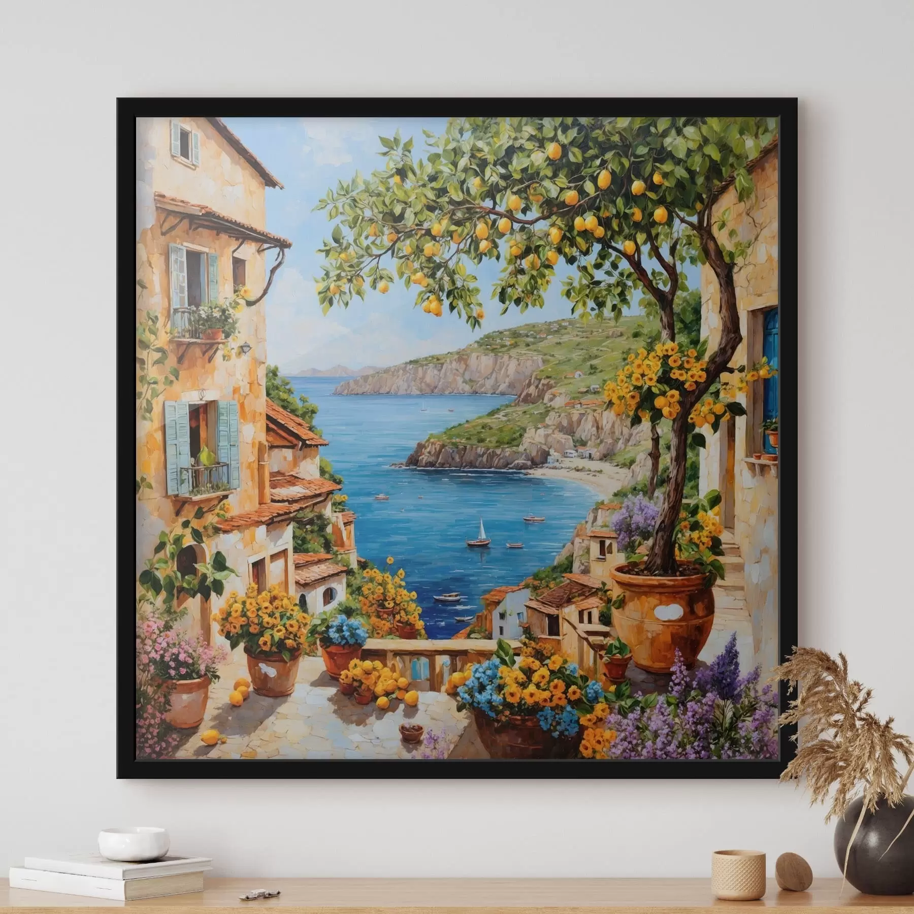 Fototapet Impresionistická pobřežní vesnice s citroníkem f48818