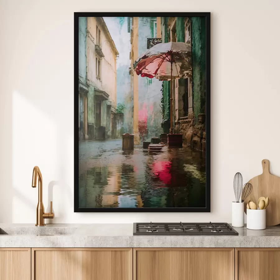 Fototapet Realistický obraz deštivé ulice s deštníkem a odrazy f48829