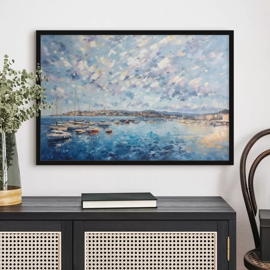 Fototapet Impresionistický přístav s loděmi a městečkem f48831