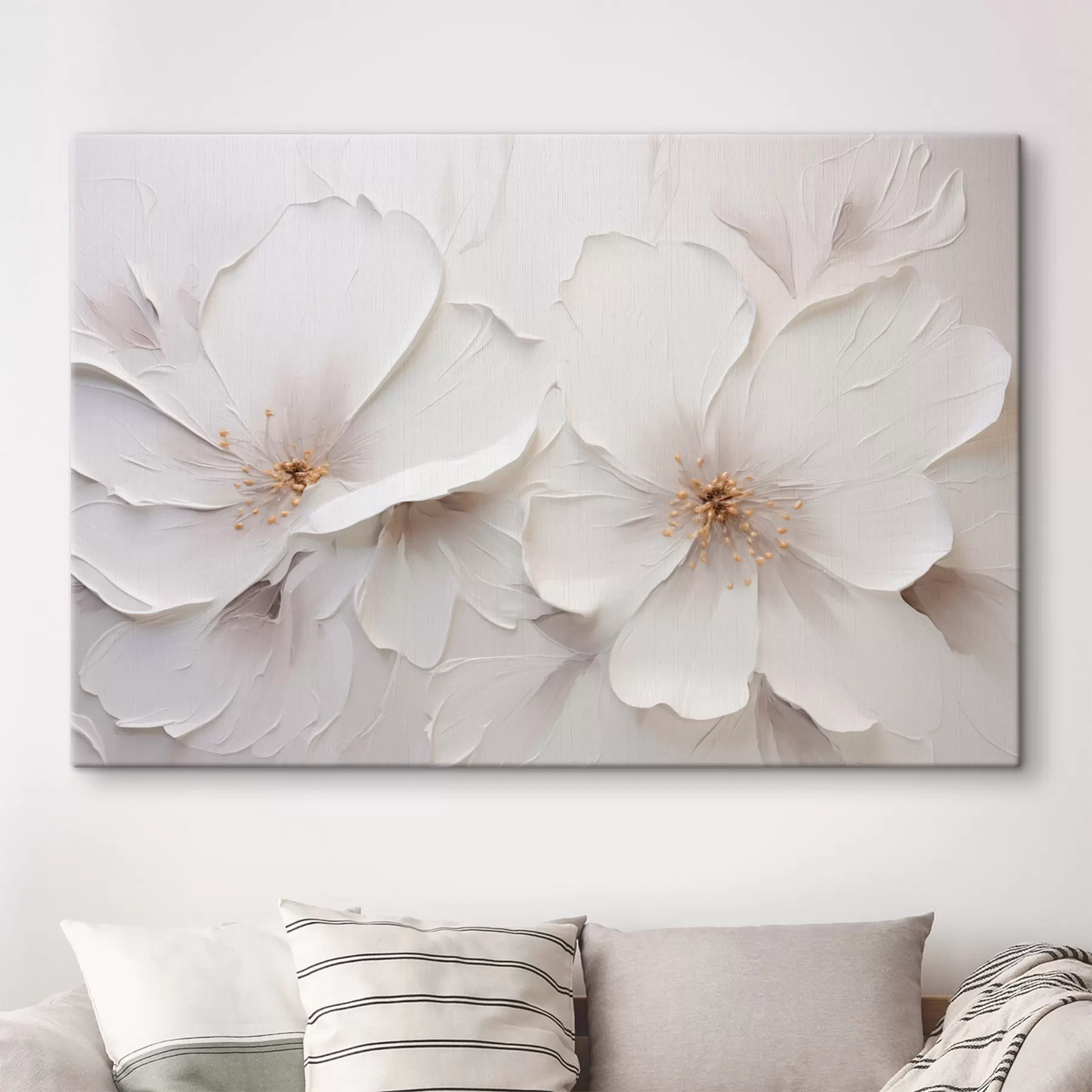 Obraz Minimalistické bílé květy s reliéfem a jemnými stíny Č. s48796