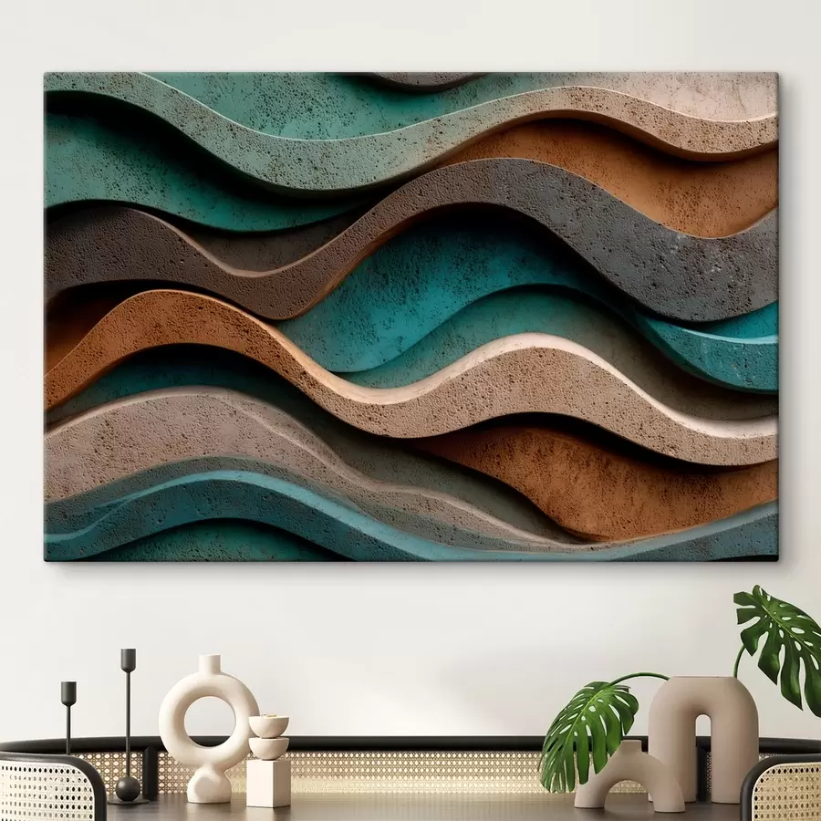 Obraz Abstraktní vlnící se vrstvy v odstínech modrozelené a terakoty Č. s48797