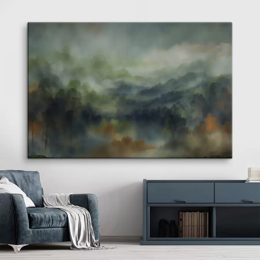 Obraz Atmosférická krajina zamlženého lesa v zelených tónech Č. s48821