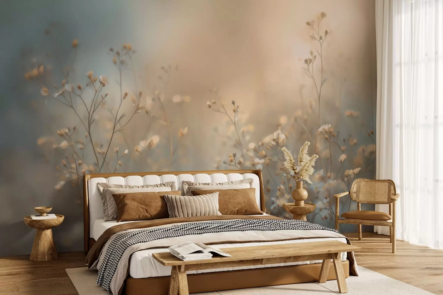 Fototapet polní trávy s drobnými květy na pozadí s malou hloubkou ostrosti w05386