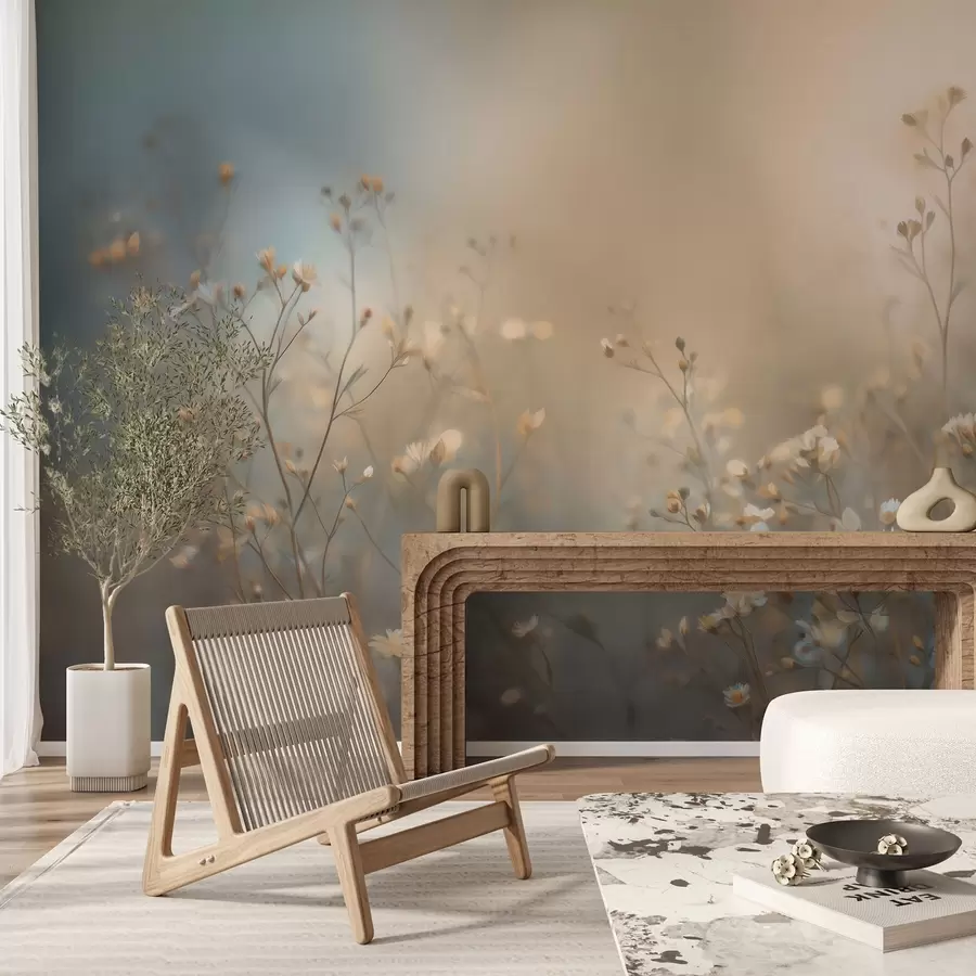 Fototapet polní trávy s drobnými květy na pozadí s malou hloubkou ostrosti w05386