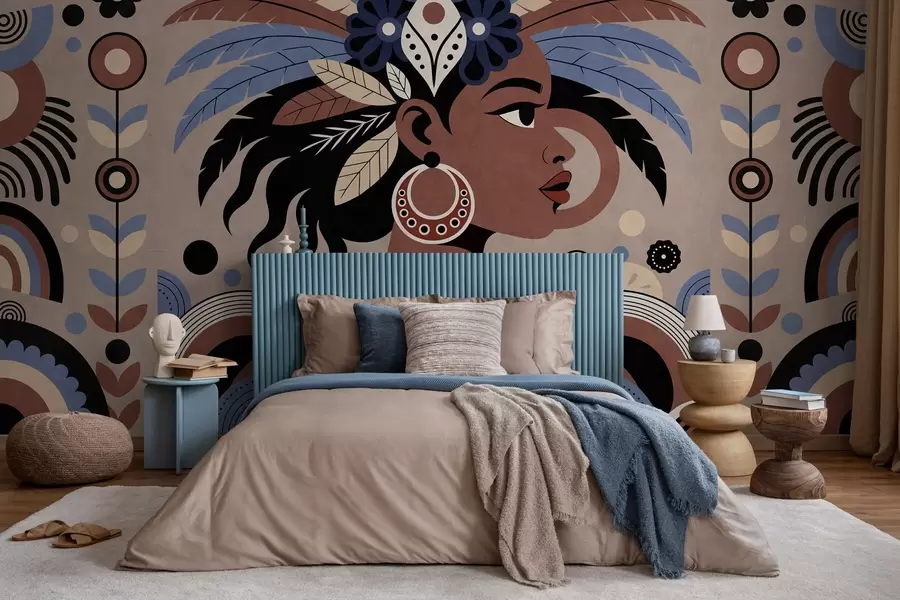 Fototapet stylový design inspirovaný Afrikou v odstínech modré a čokoládové w05389