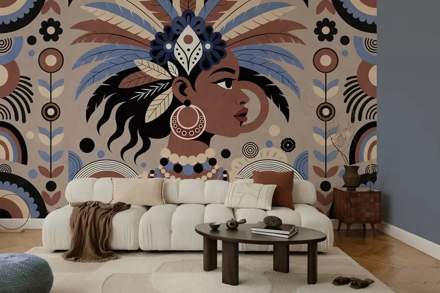 Fototapet stylový design inspirovaný Afrikou v odstínech modré a čokoládové w05389