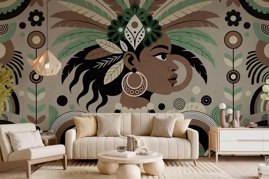 Fototapet stylový design inspirovaný Afrikou v odstínech zelené, hnědé a béžové w05389v1