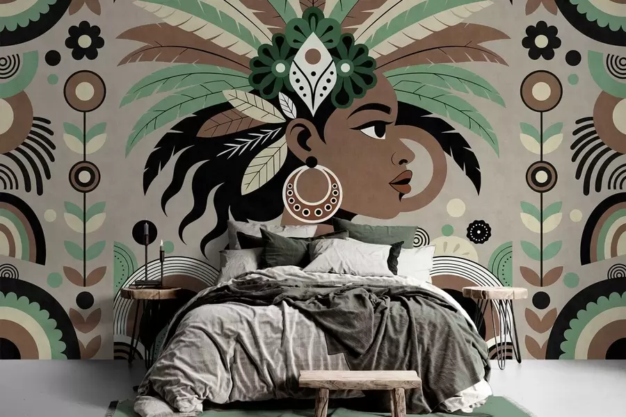 Fototapet stylový design inspirovaný Afrikou v odstínech zelené, hnědé a béžové w05389v1