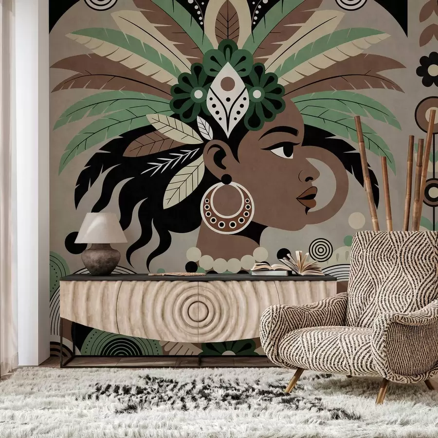 Fototapet stylový design inspirovaný Afrikou v odstínech zelené, hnědé a béžové w05389v1