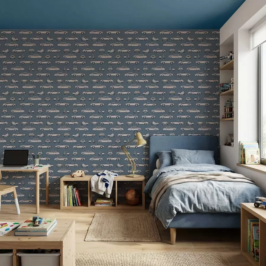 Fototapet Retro auta a skútry na modrém pozadí a01178