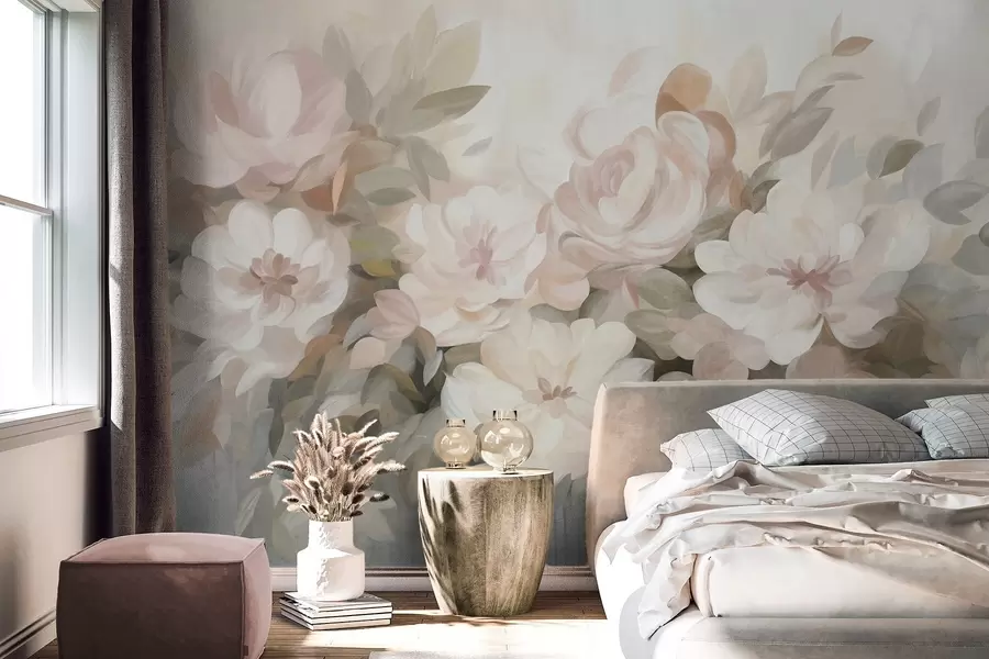 Fototapet Světle růžové a bílé květy se zelenými listy, malířský styl, impresionistický styl, texturované umění w09824