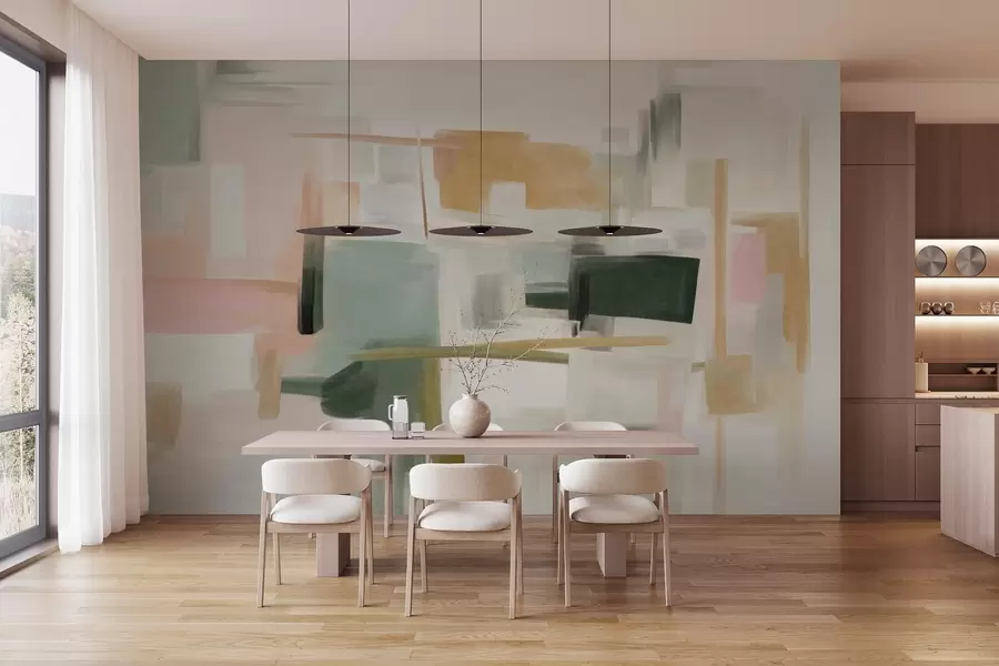 Fototapet Abstraktní minimalistický malířský styl s jemnými pastelovými barvami, geometrickými tvary a liniemi w09828
