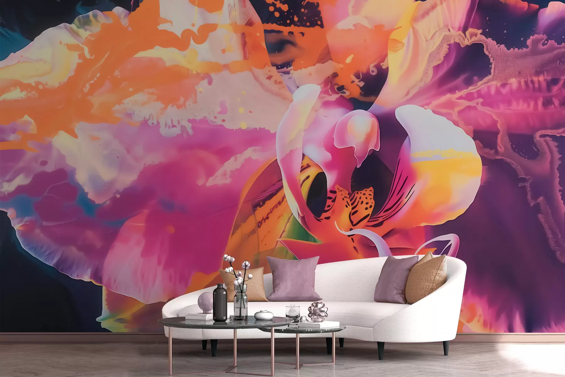 Fototapet Živý abstraktní motiv orchideje s sytými barvami a dynamickými tvary ve stylu akvarelu w09855
