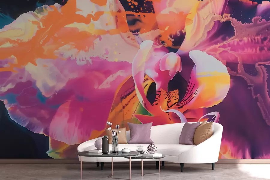 Fototapet Živý abstraktní motiv orchideje s sytými barvami a dynamickými tvary ve stylu akvarelu w09855