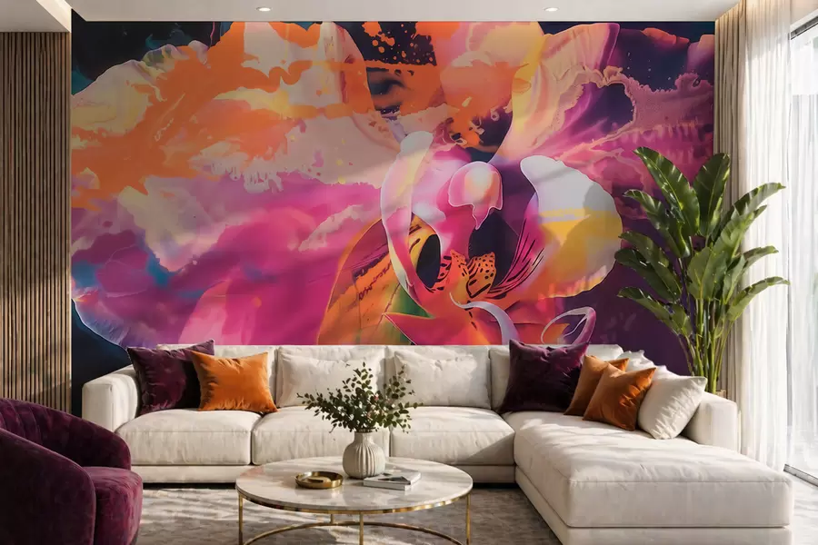 Fototapet Živý abstraktní motiv orchideje s sytými barvami a dynamickými tvary ve stylu akvarelu w09855