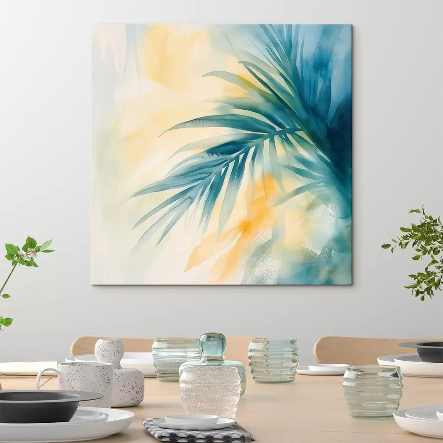 Obraz Tropické palmové listy v modro-tyrkysových odstínech na pozadí teplých akvarelových skvrn Č. s48849