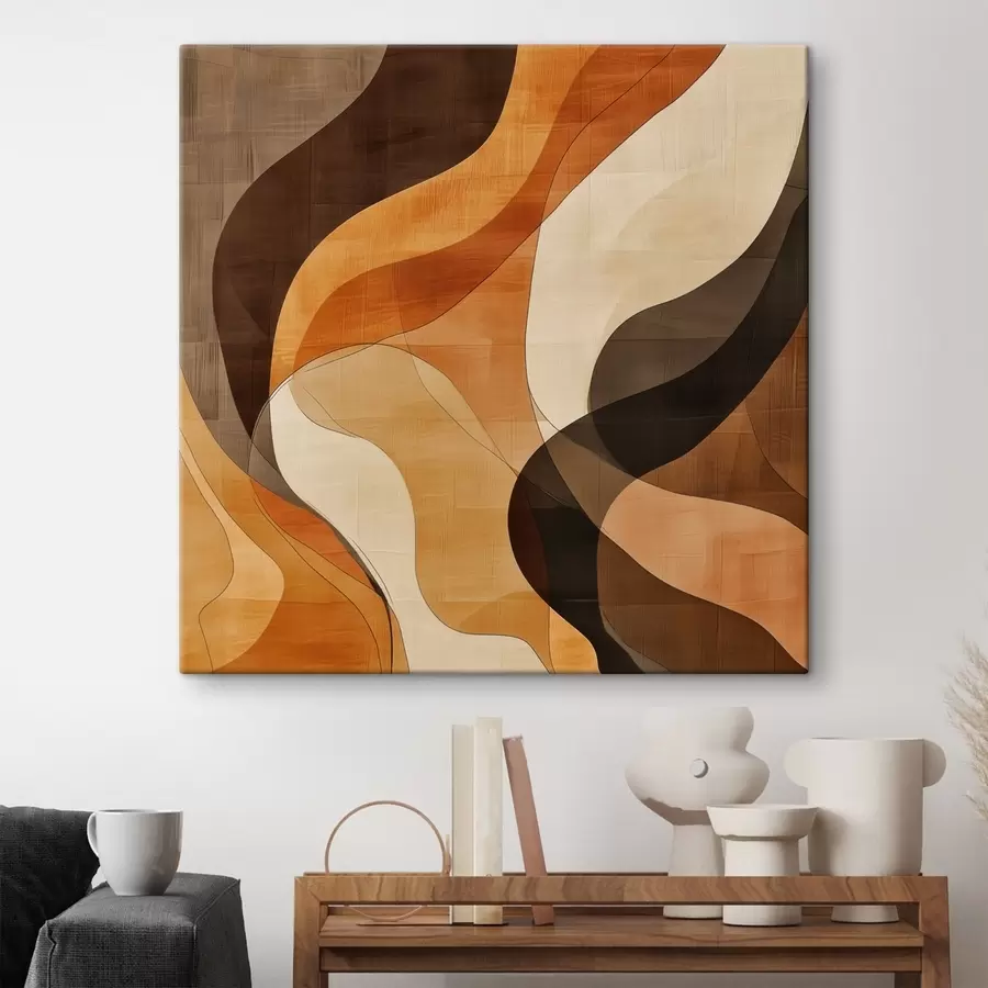 Obraz Abstraktní kompozice s dynamickými vlnitými liniemi v terakotově hnědé barevné škále Č. s48851