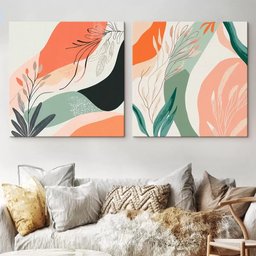 Obraz Abstraktní diptych s rostlinnými motivy a barevnými skvrnami v moderním stylu Č. m30347