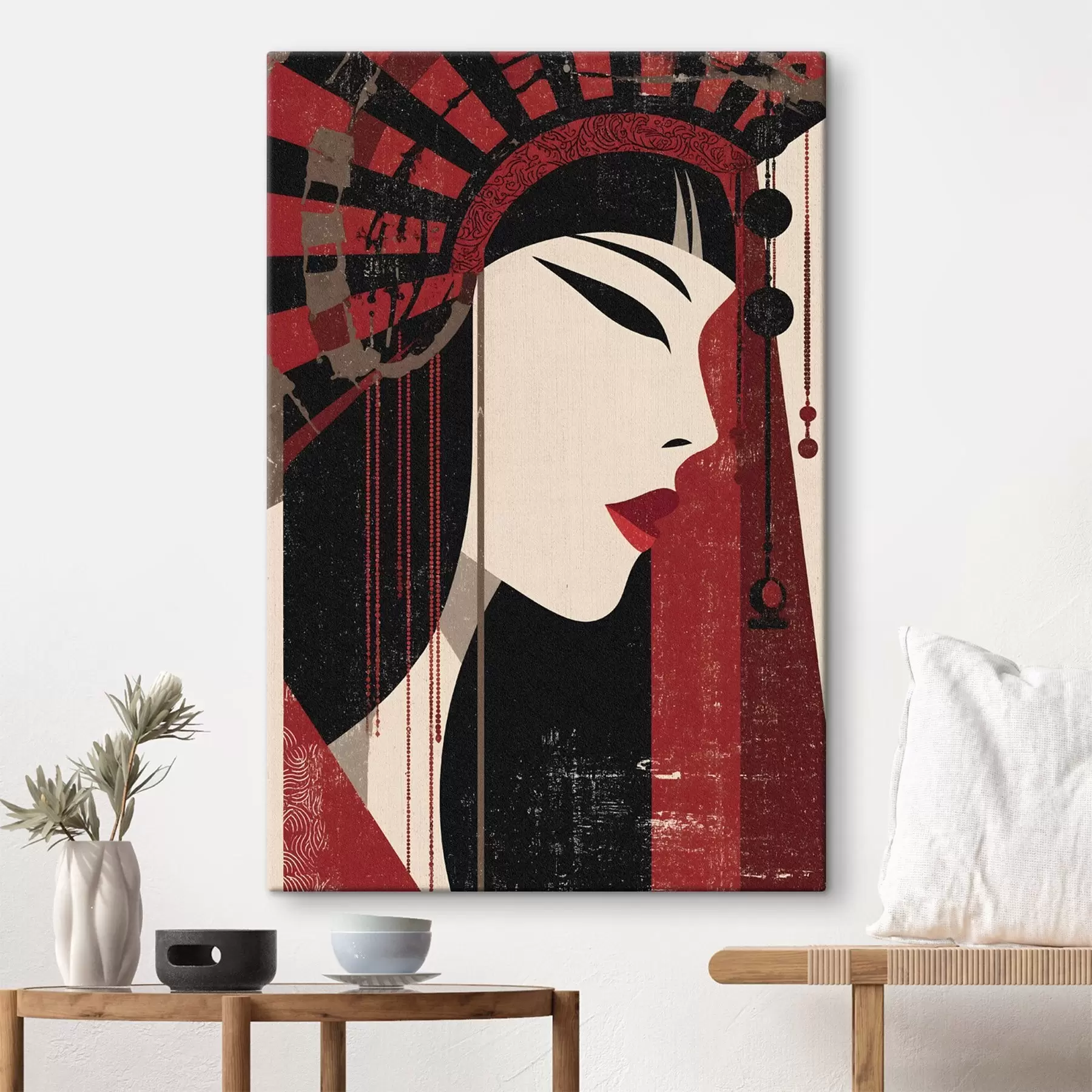 Obraz stylizovaný portrét ženy, inspirovaný japonskou estetikou a stylem art deco Č. s48993