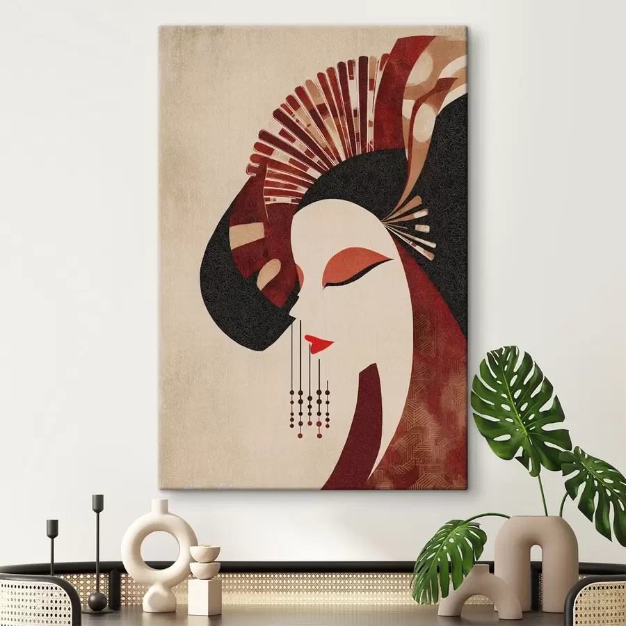 Obraz stylizovaný portrét ženy, inspirovaný japonskou estetikou a stylem art deco Č. s48994