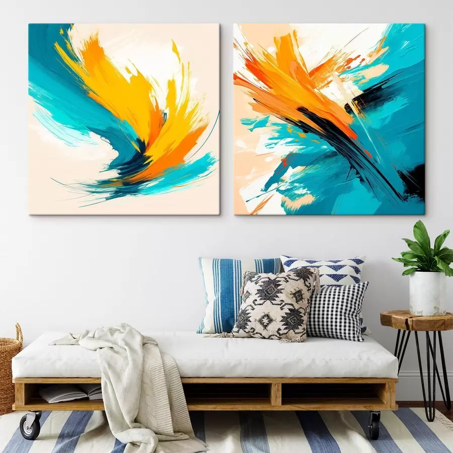 Obraz Dynamické tahy štětcem v tyrkysovo-oranžové barevné škále ve stylu současného umění Č. m30354