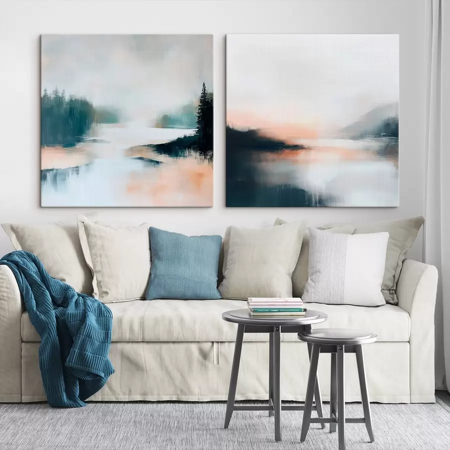 Obraz Zamlžená krajina s jehličnatými stromy a jezerem v moderním malířském stylu Č. m30357