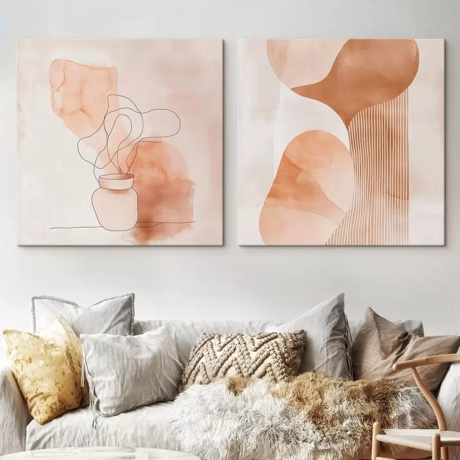 Obraz Abstraktní tvary v béžovo-broskvové barevné škále s lineárními prvky v minimalistickém stylu Č. m30361