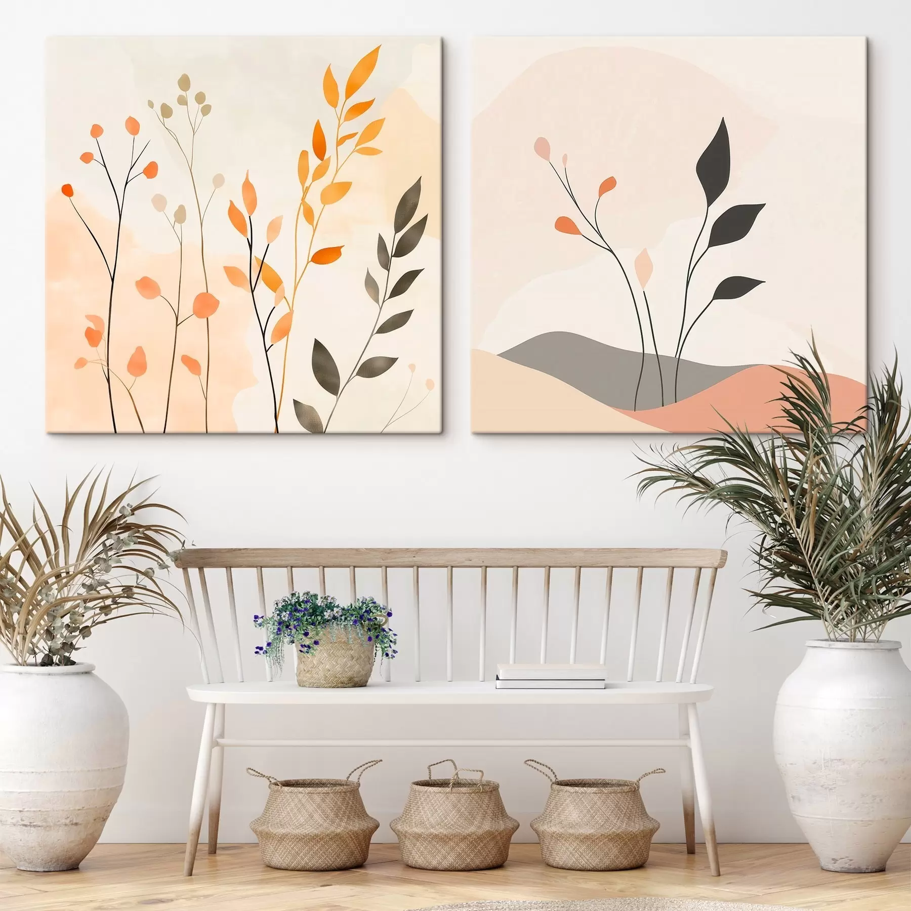 Obraz Květinový diptych v teplých béžovo-korálových tónech s grafickými liniemi v minimalistickém stylu Č. m30363