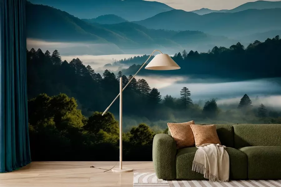 Fototapet Horská krajina s mlhou a lesy za úsvitu w05573