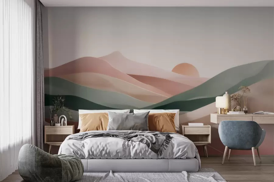Fototapet Abstraktní pouštní krajina v pastelově zeleno-růžové barevné škále, minimalismus w09860