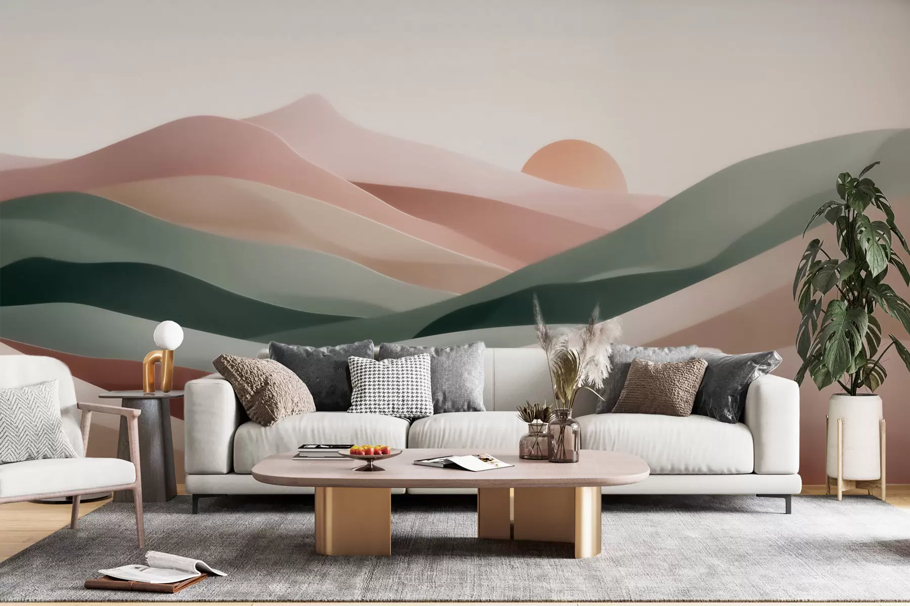Fototapet Abstraktní pouštní krajina v pastelově zeleno-růžové barevné škále, minimalismus w09860