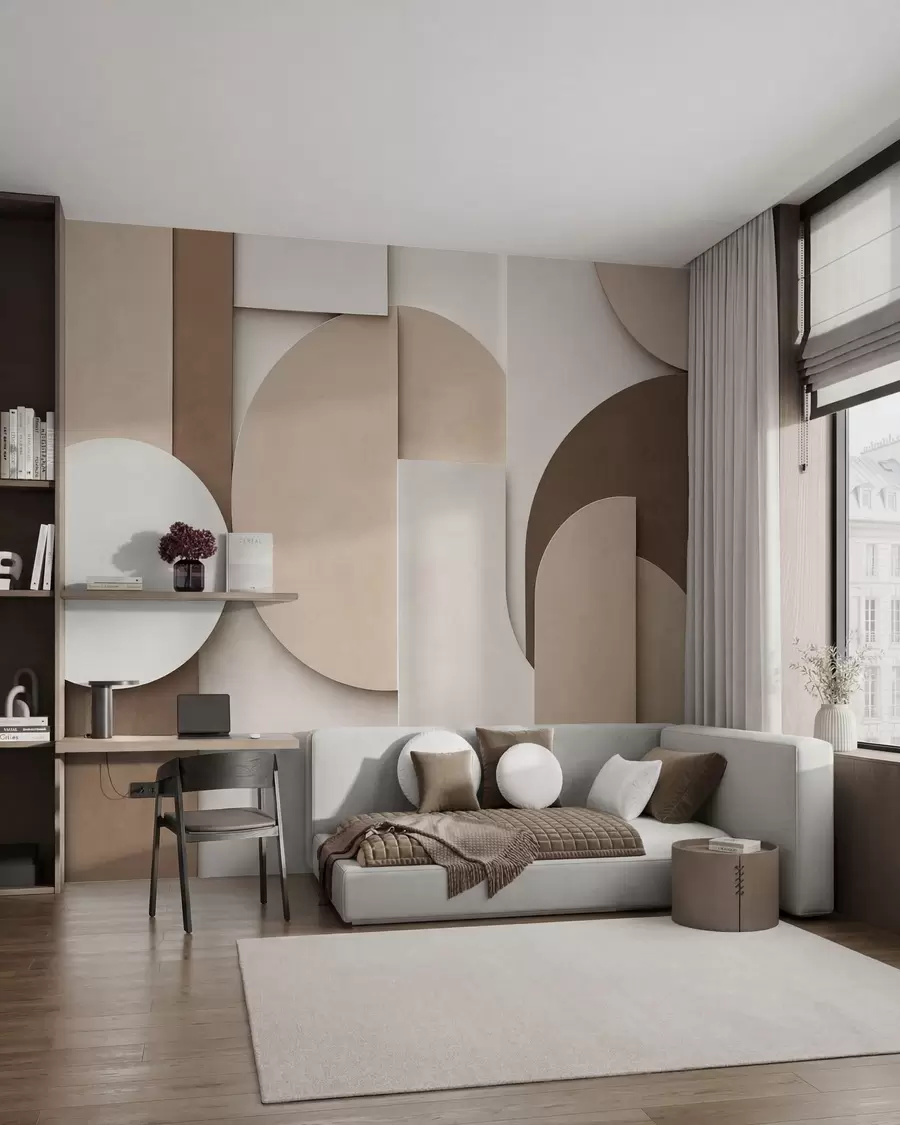 Fototapet Texturované béžové geometrické tvary ve vrstvené 3D kompozici, minimalistická moderní nástěnná dekorace w05598