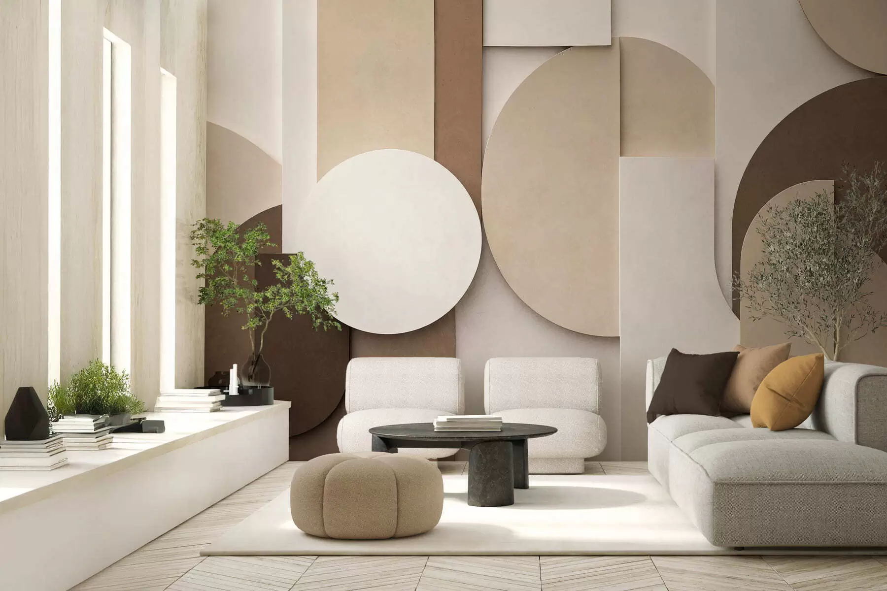 Fototapet Texturované béžové geometrické tvary ve vrstvené 3D kompozici, minimalistická moderní nástěnná dekorace w05598