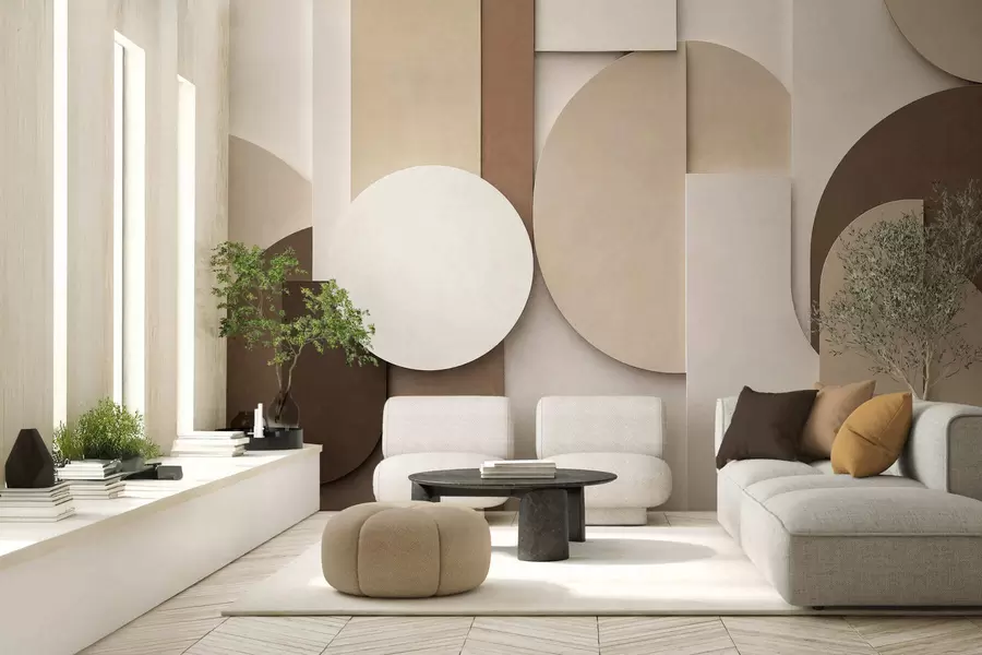 Fototapet Texturované béžové geometrické tvary ve vrstvené 3D kompozici, minimalistická moderní nástěnná dekorace w05598