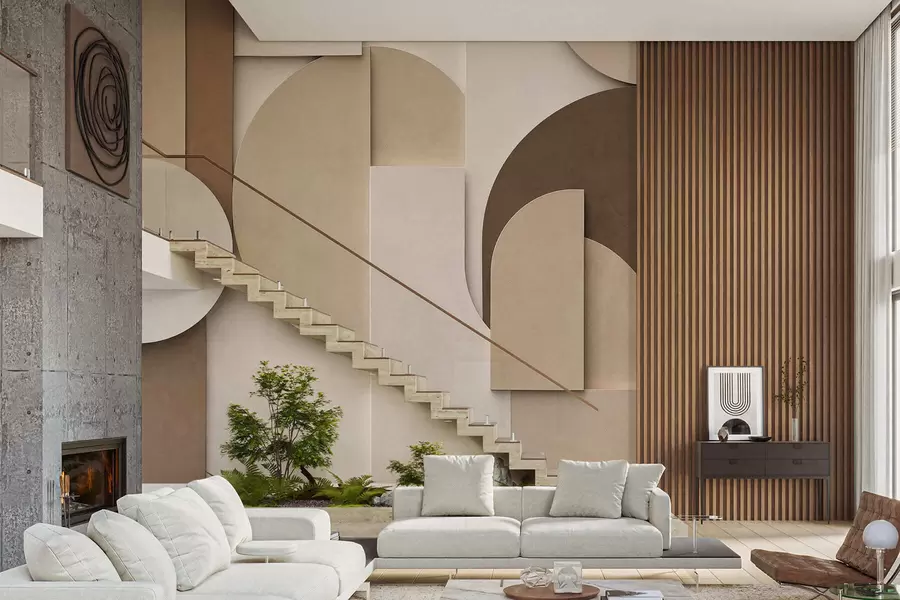 Fototapet Texturované béžové geometrické tvary ve vrstvené 3D kompozici, minimalistická moderní nástěnná dekorace w05598