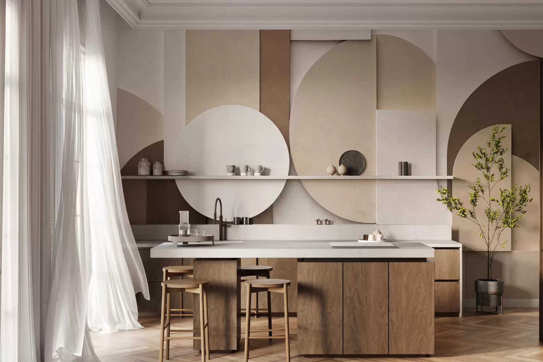 Fototapet Texturované béžové geometrické tvary ve vrstvené 3D kompozici, minimalistická moderní nástěnná dekorace w05598