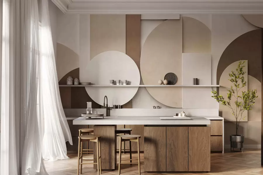 Fototapet Texturované béžové geometrické tvary ve vrstvené 3D kompozici, minimalistická moderní nástěnná dekorace w05598